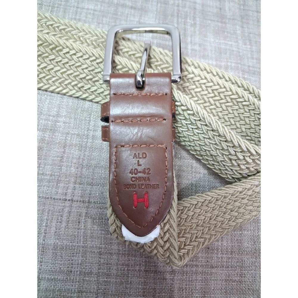 Tommy Hilfiger Mens Khaki Tan Braided Stretch Belt Brown Leather Trim Lg 40-42
